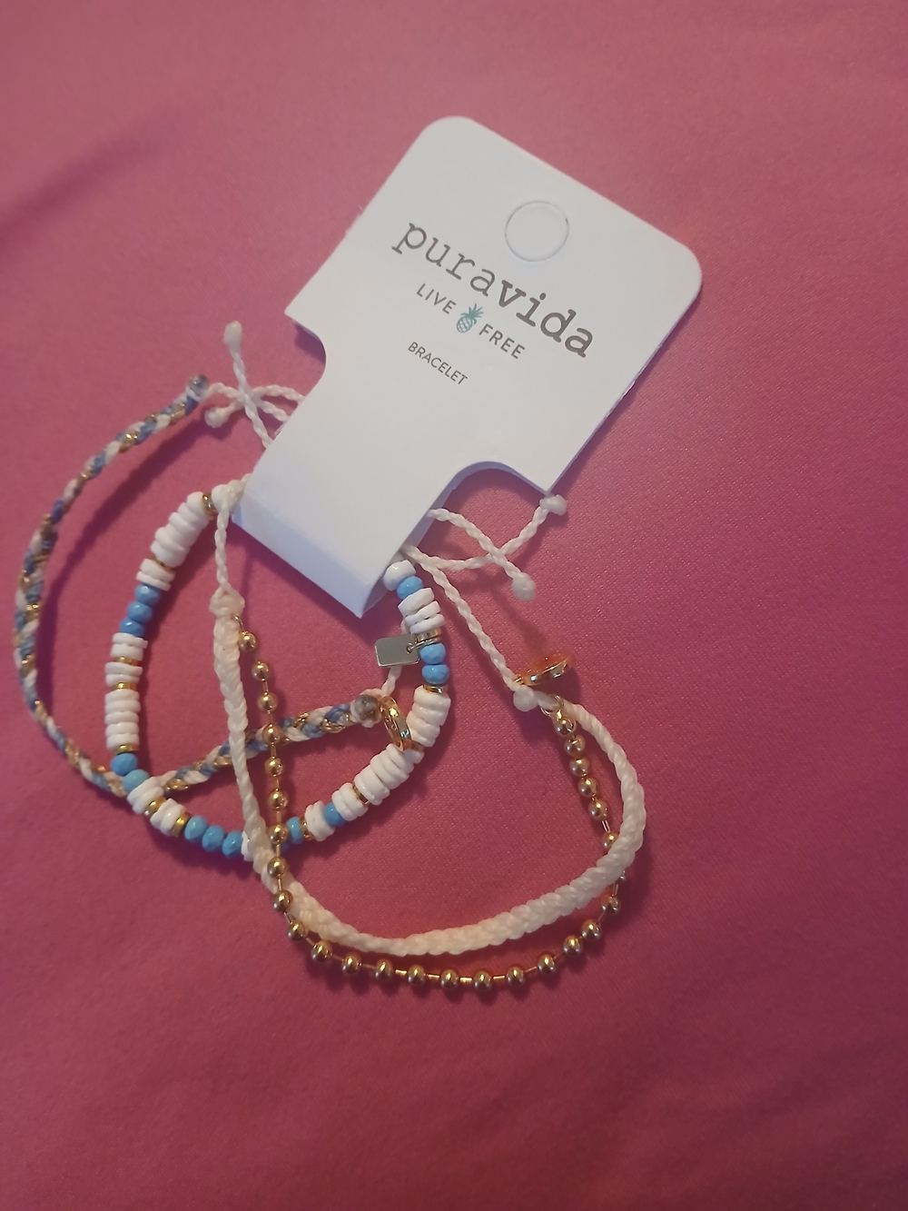 Pura Vida White, Light Blue & Gold Bracelet Set. A